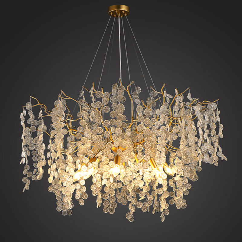 Contemporary Luxury Aluminum Crystal Chandelier - Round Leaves Branches Design, 9/10/12/14 Lights for Living Room