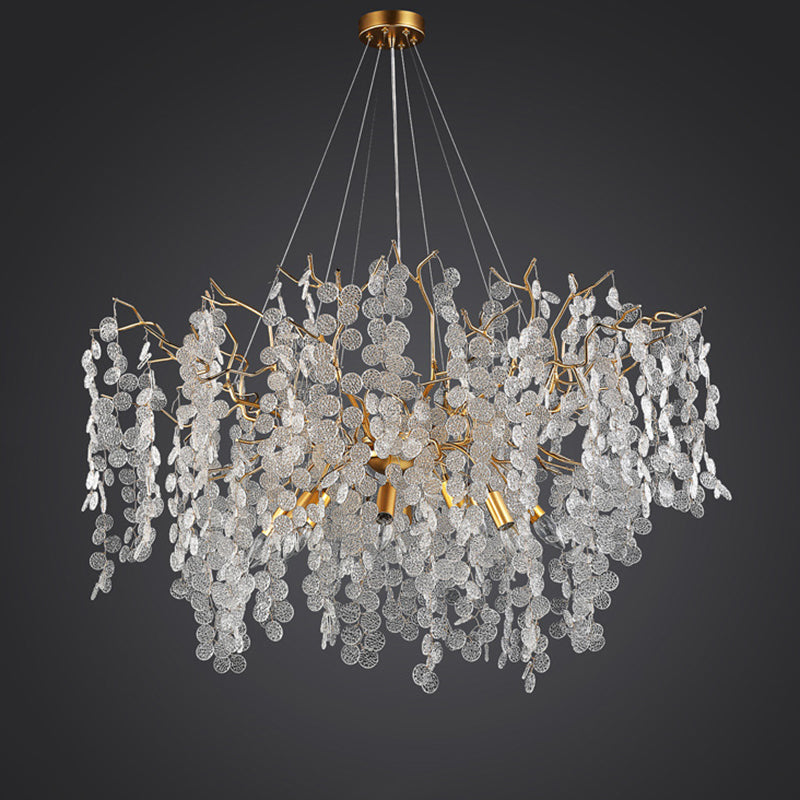 Contemporary Luxury Aluminum Crystal Chandelier - Round Leaves Branches Design, 9/10/12/14 Lights for Living Room