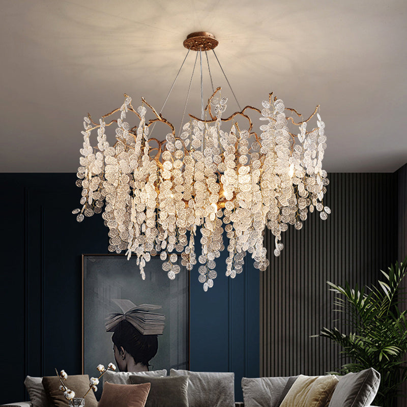 Contemporary Luxury Aluminum Crystal Chandelier - Round Leaves Branches Design, 9/10/12/14 Lights for Living Room