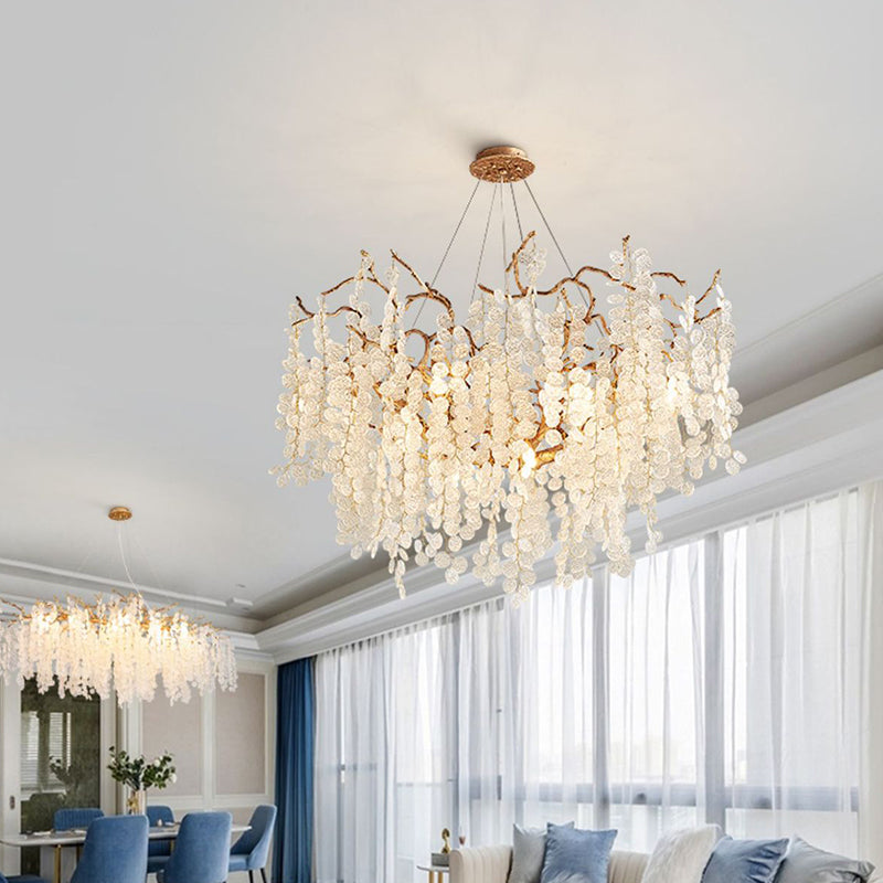 Contemporary Luxury Aluminum Crystal Chandelier - Round Leaves Branches Design, 9/10/12/14 Lights for Living Room