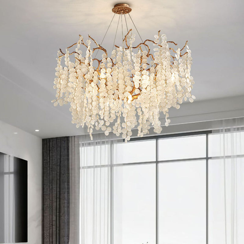 Contemporary Luxury Aluminum Crystal Chandelier - Round Leaves Branches Design, 9/10/12/14 Lights for Living Room