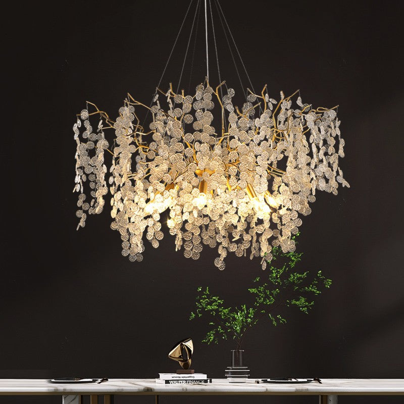 Contemporary Luxury Aluminum Crystal Chandelier - Round Leaves Branches Design, 9/10/12/14 Lights for Living Room