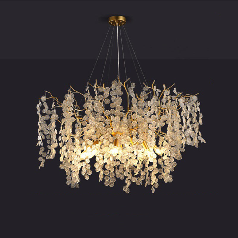 Contemporary Luxury Aluminum Crystal Chandelier - Round Leaves Branches Design, 9/10/12/14 Lights for Living Room
