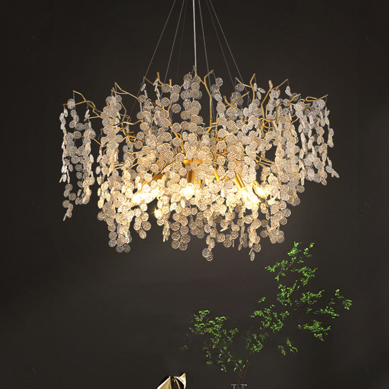 Contemporary Luxury Aluminum Crystal Chandelier - Round Leaves Branches Design, 9/10/12/14 Lights for Living Room