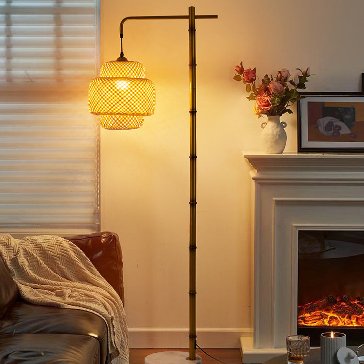 Rustic Lantern Floor Lamp - Metal & Bamboo Weaving 1-Light for Bedroom Decor