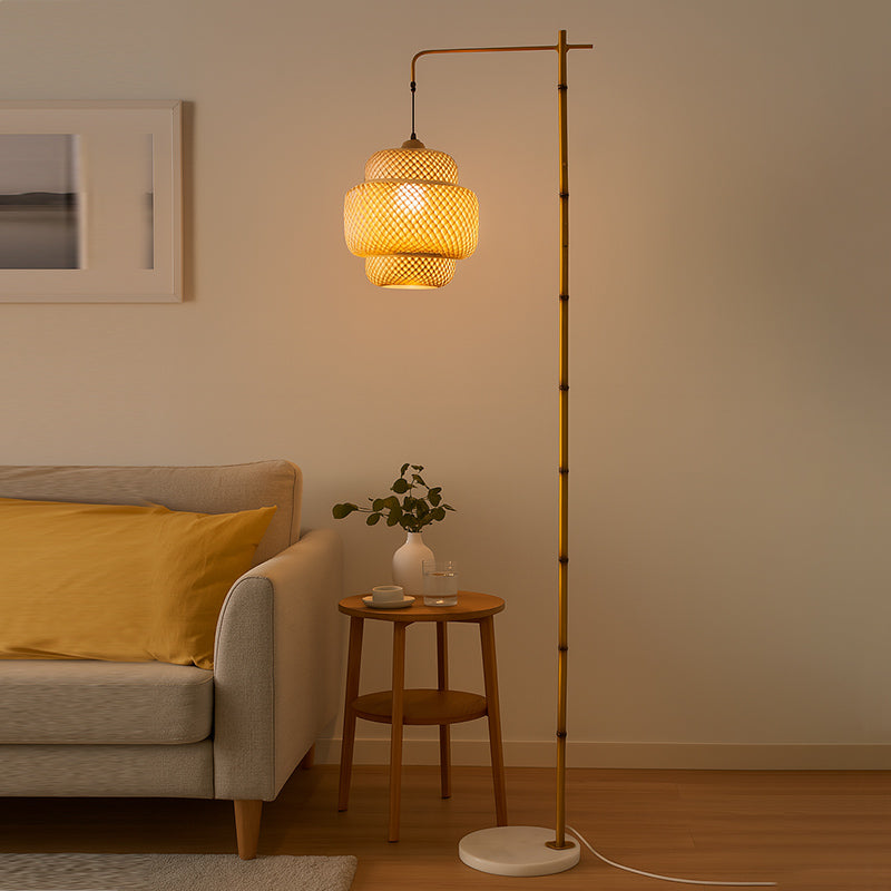 Rustic Lantern Floor Lamp - Metal & Bamboo Weaving 1-Light for Bedroom Decor