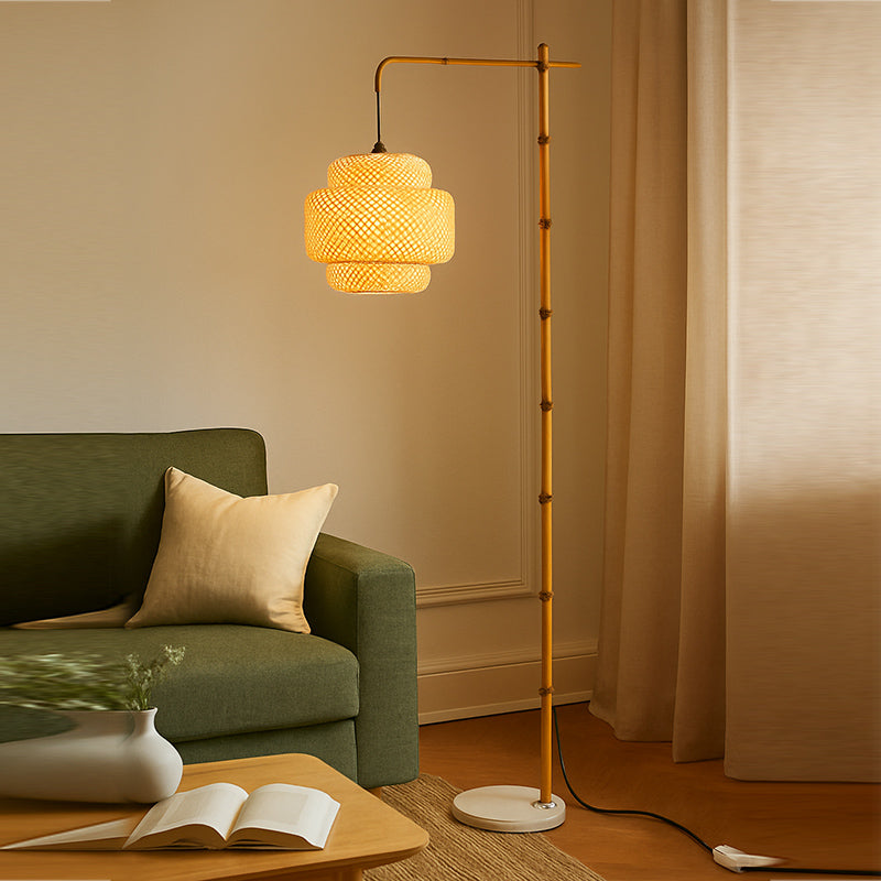Rustic Lantern Floor Lamp - Metal & Bamboo Weaving 1-Light for Bedroom Decor