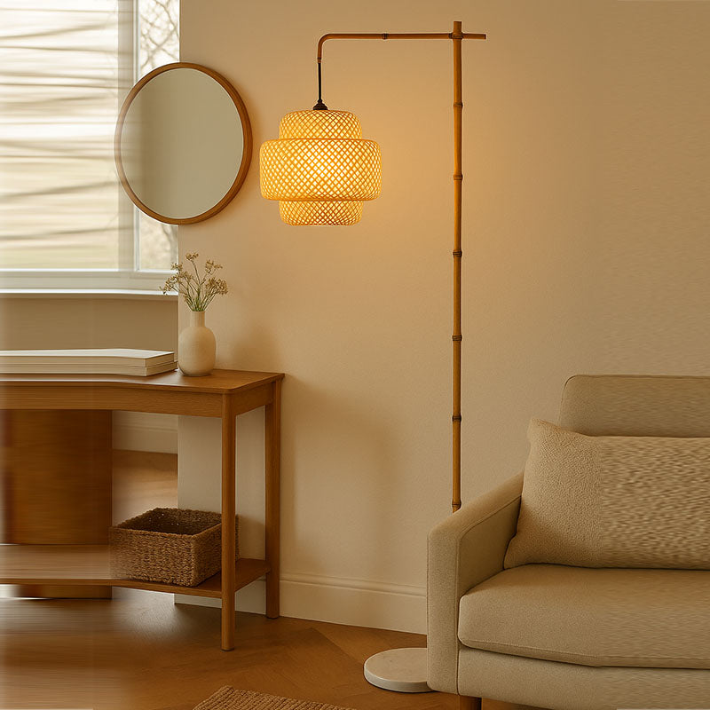 Rustic Lantern Floor Lamp - Metal & Bamboo Weaving 1-Light for Bedroom Decor