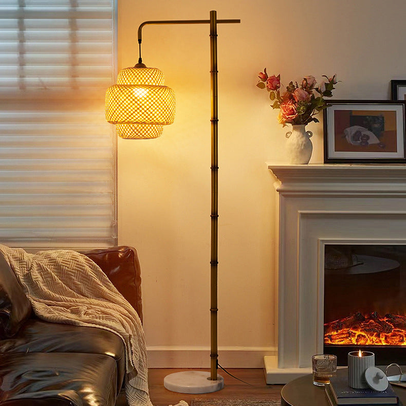 Rustic Lantern Floor Lamp - Metal & Bamboo Weaving 1-Light for Bedroom Decor