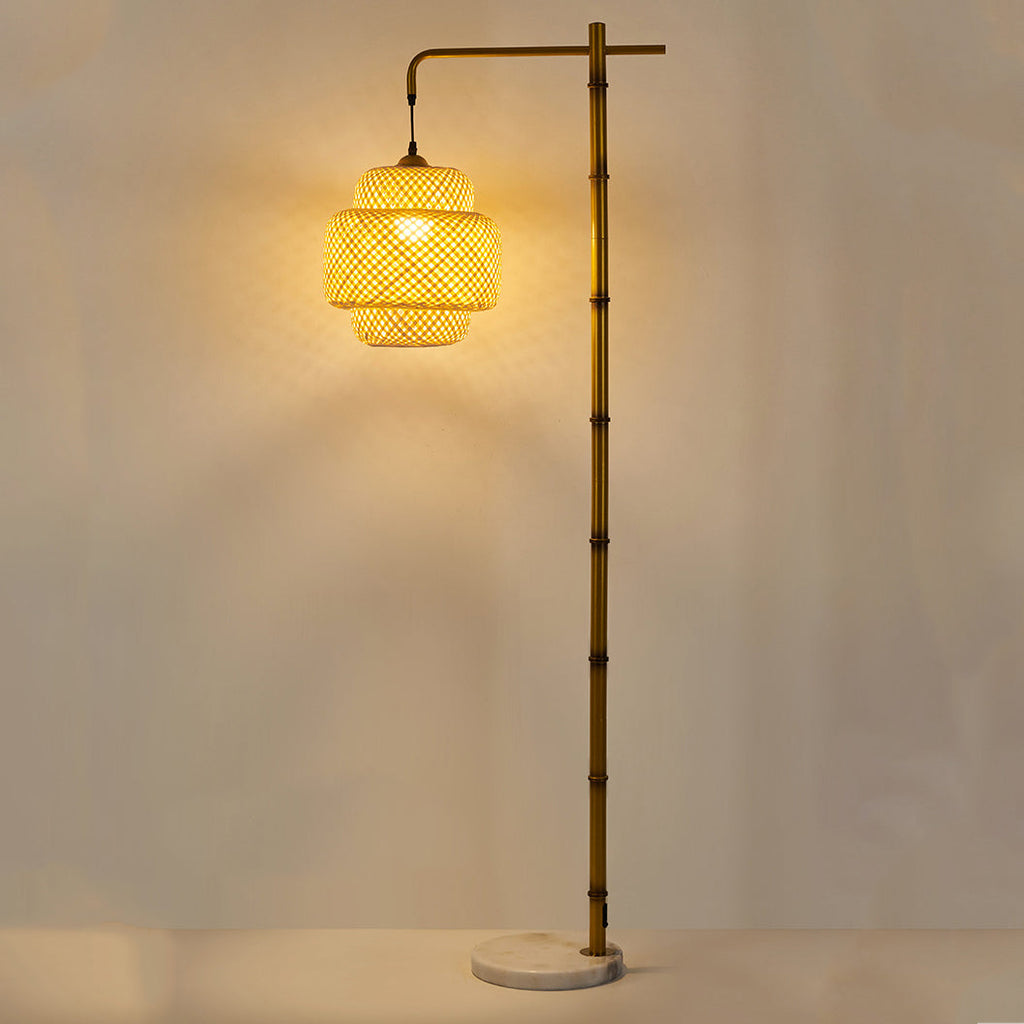 Rustic Lantern Floor Lamp - Metal & Bamboo Weaving 1-Light for Bedroom Decor
