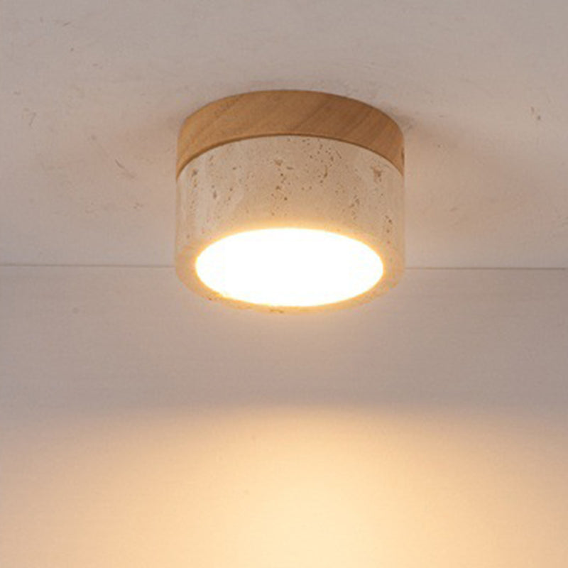 Modern Minimalist Round Solid Wood Yellow Travertine LED Flush Mount Light for Entryway