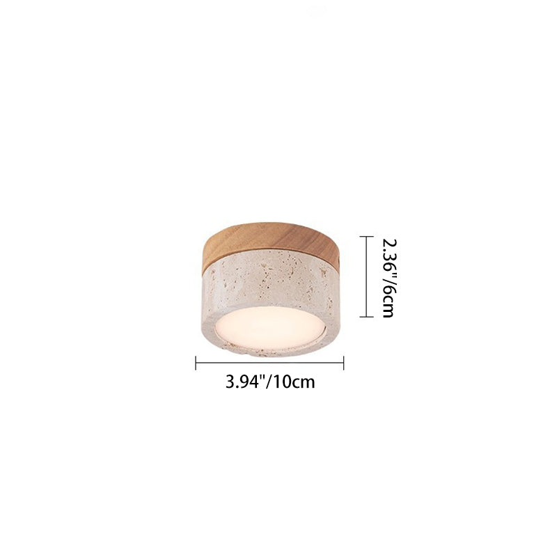 Modern Minimalist Round Solid Wood Yellow Travertine LED Flush Mount Light for Entryway