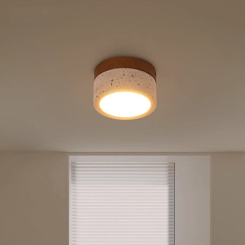 Modern Minimalist Round Solid Wood Yellow Travertine LED Flush Mount Light for Entryway