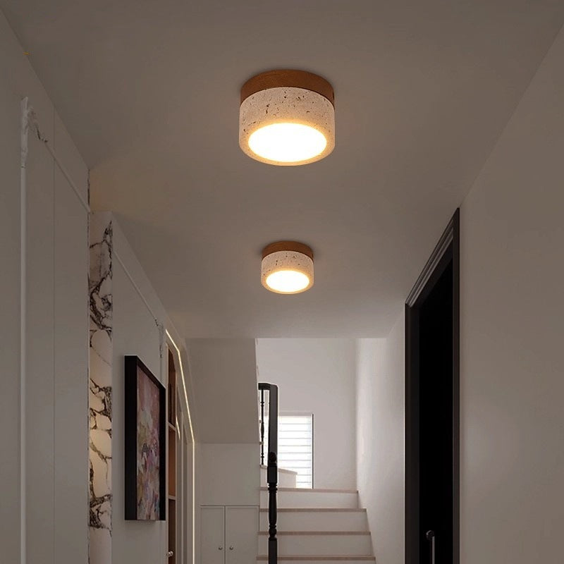 Modern Minimalist Round Solid Wood Yellow Travertine LED Flush Mount Light for Entryway