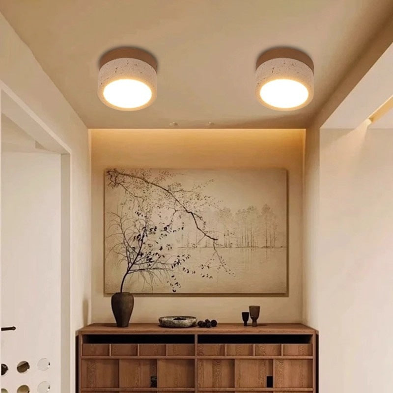 Modern Minimalist Round Solid Wood Yellow Travertine LED Flush Mount Light for Entryway