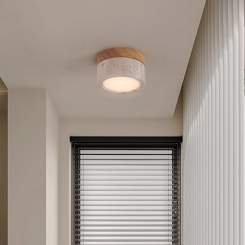 Modern Minimalist Round Solid Wood Yellow Travertine LED Flush Mount Light for Entryway