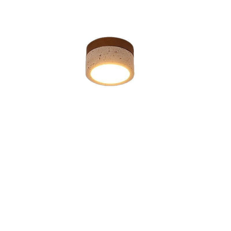 Modern Minimalist Round Solid Wood Yellow Travertine LED Flush Mount Light for Entryway