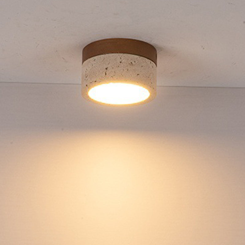 Modern Minimalist Round Solid Wood Yellow Travertine LED Flush Mount Light for Entryway