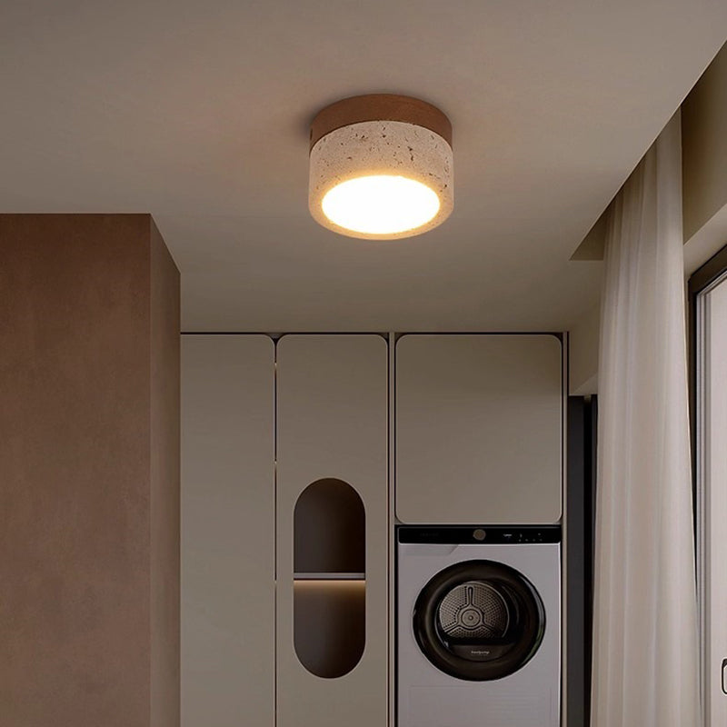 Modern Minimalist Round Solid Wood Yellow Travertine LED Flush Mount Light for Entryway