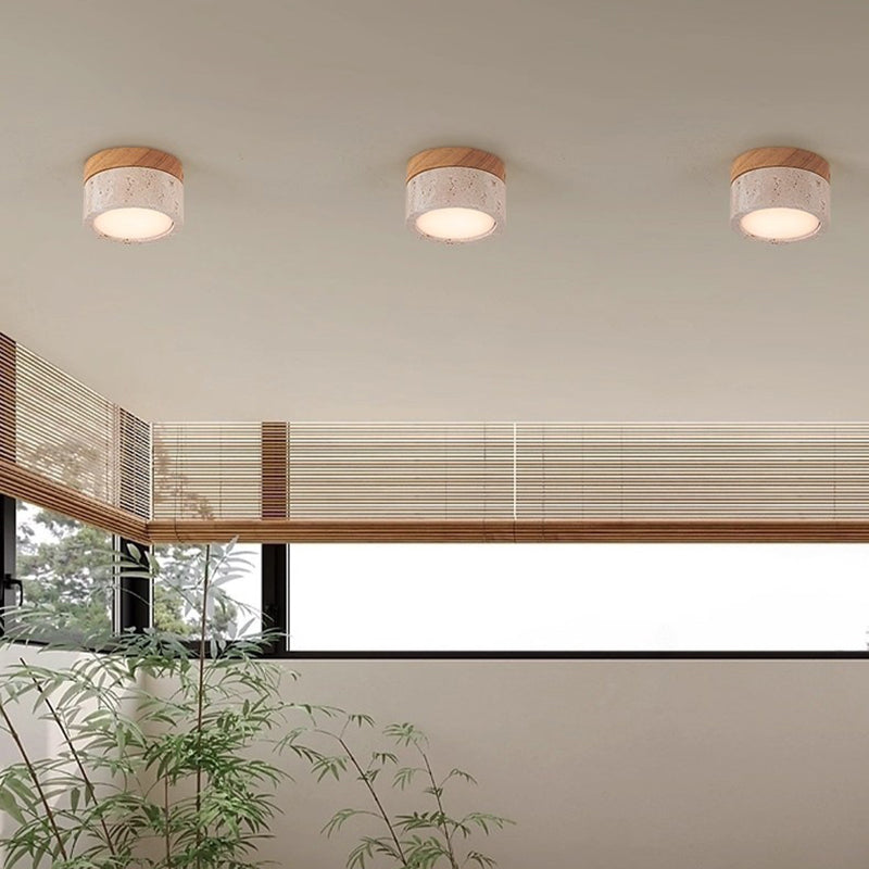 Modern Minimalist Round Solid Wood Yellow Travertine LED Flush Mount Light for Entryway