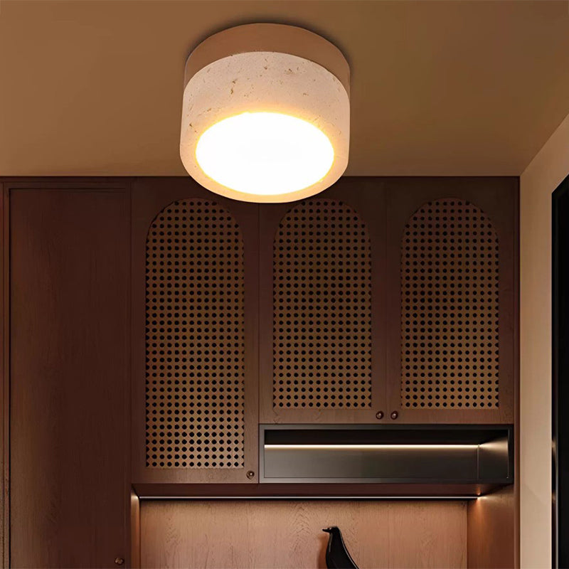 Modern Minimalist Round Solid Wood Yellow Travertine LED Flush Mount Light for Entryway