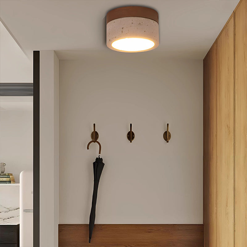 Modern Minimalist Round Solid Wood Yellow Travertine LED Flush Mount Light for Entryway