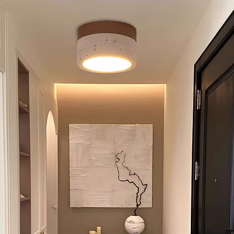 Modern Minimalist Round Solid Wood Yellow Travertine LED Flush Mount Light for Entryway