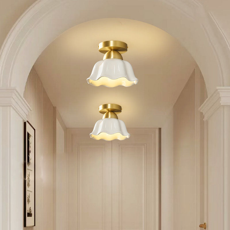 Contemporary Scandinavian Copper Ceramic Flower Semi-Flush Mount Ceiling Light for Hallway