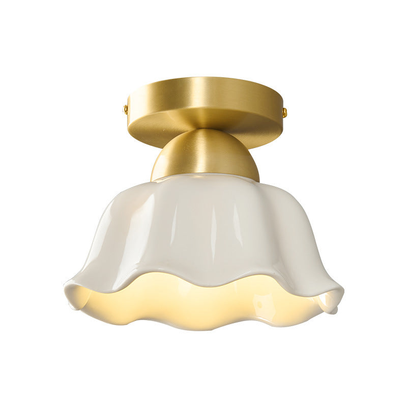 Contemporary Scandinavian Copper Ceramic Flower Semi-Flush Mount Ceiling Light for Hallway