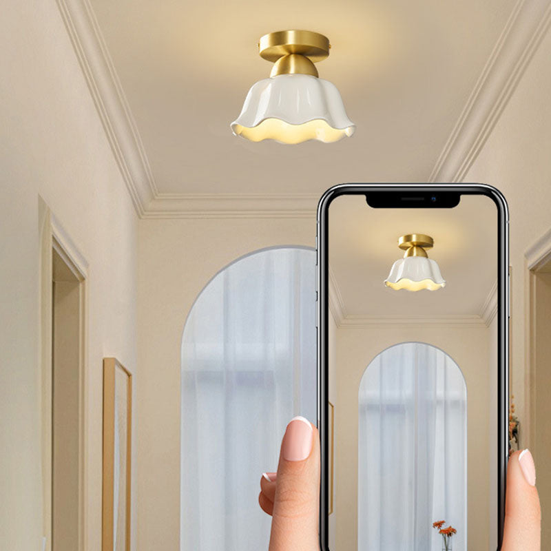 Contemporary Scandinavian Copper Ceramic Flower Semi-Flush Mount Ceiling Light for Hallway