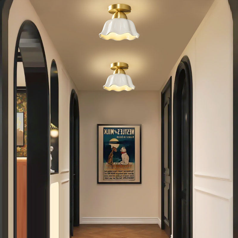 Contemporary Scandinavian Copper Ceramic Flower Semi-Flush Mount Ceiling Light for Hallway