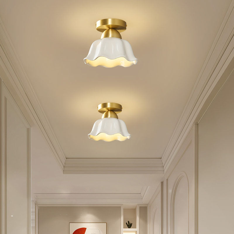 Contemporary Scandinavian Copper Ceramic Flower Semi-Flush Mount Ceiling Light for Hallway