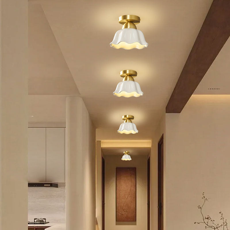 Contemporary Scandinavian Copper Ceramic Flower Semi-Flush Mount Ceiling Light for Hallway