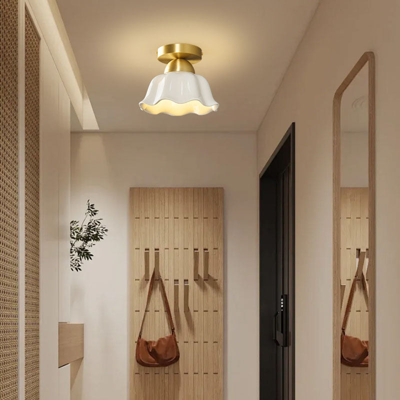 Contemporary Scandinavian Copper Ceramic Flower Semi-Flush Mount Ceiling Light for Hallway