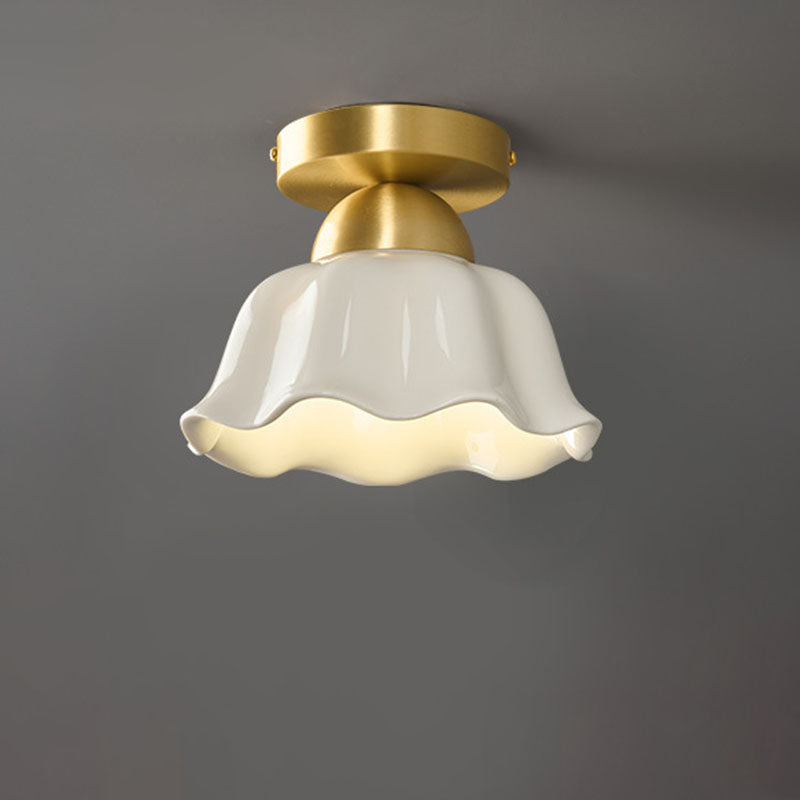 Contemporary Scandinavian Copper Ceramic Flower Semi-Flush Mount Ceiling Light for Hallway
