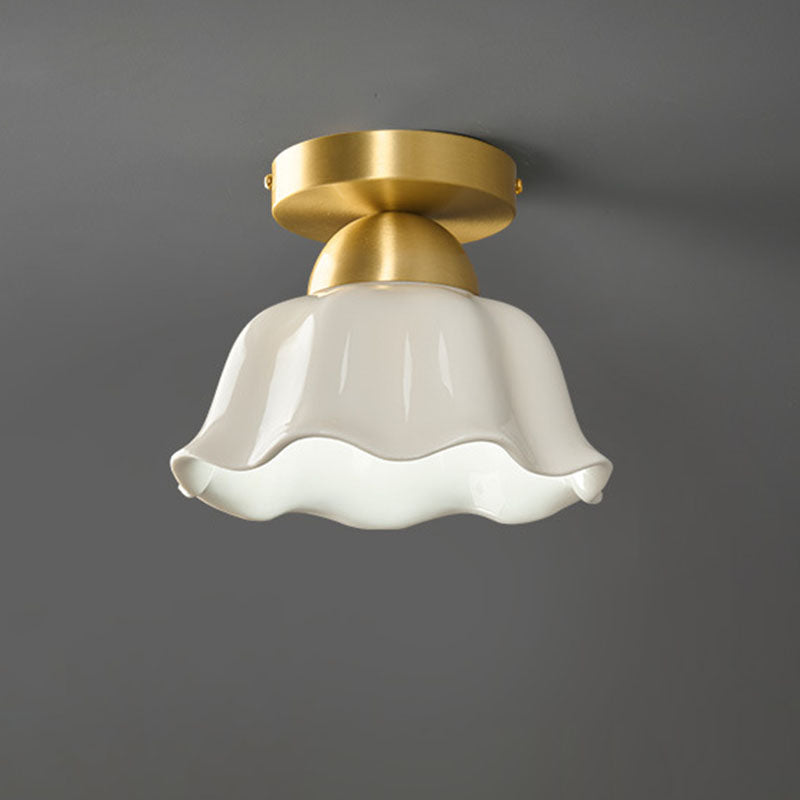 Contemporary Scandinavian Copper Ceramic Flower Semi-Flush Mount Ceiling Light for Hallway