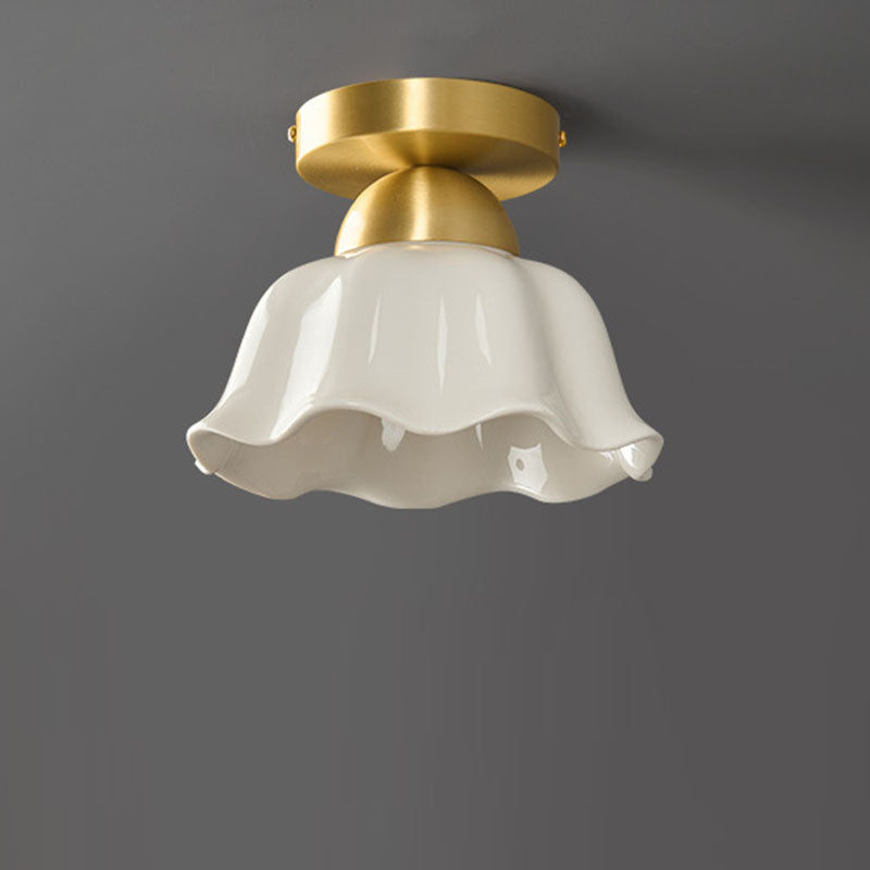 Contemporary Scandinavian Copper Ceramic Flower Semi-Flush Mount Ceiling Light for Hallway