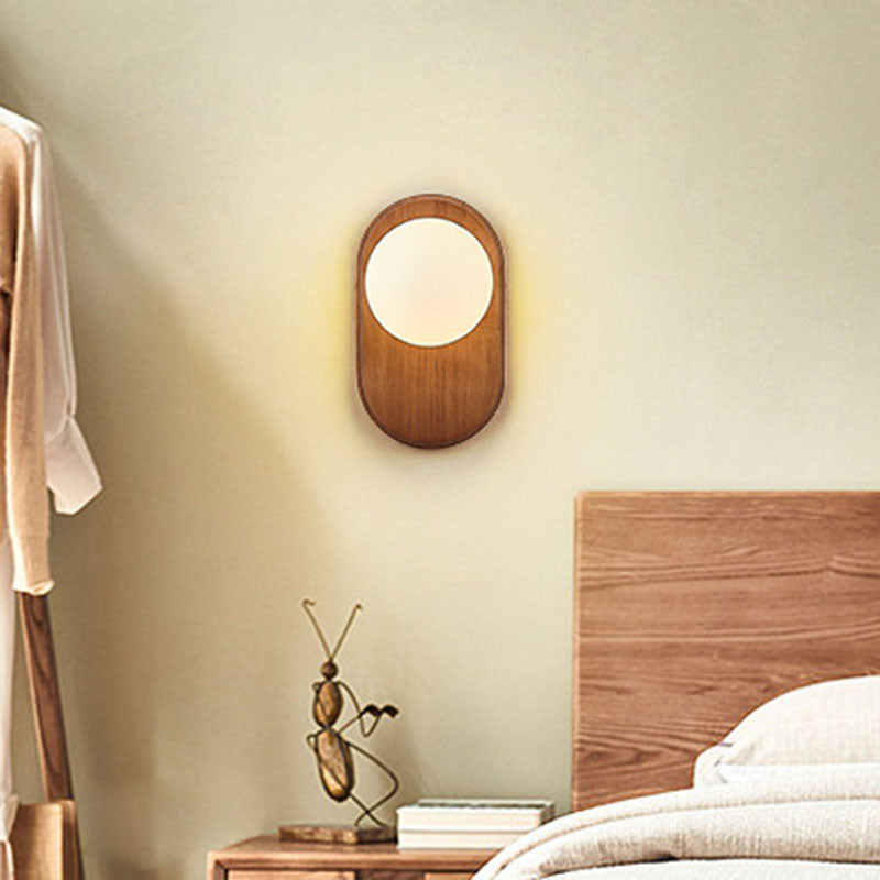 Traditional Japanese Wood Glass Round Wall Sconce for Bedroom Lighting