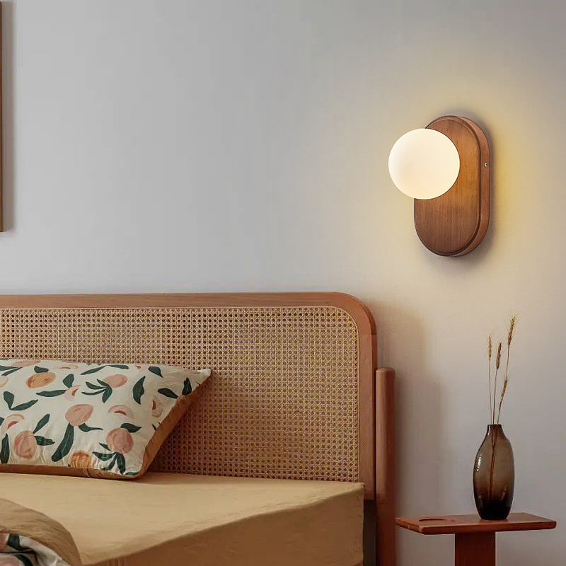 Traditional Japanese Wood Glass Round Wall Sconce for Bedroom Lighting