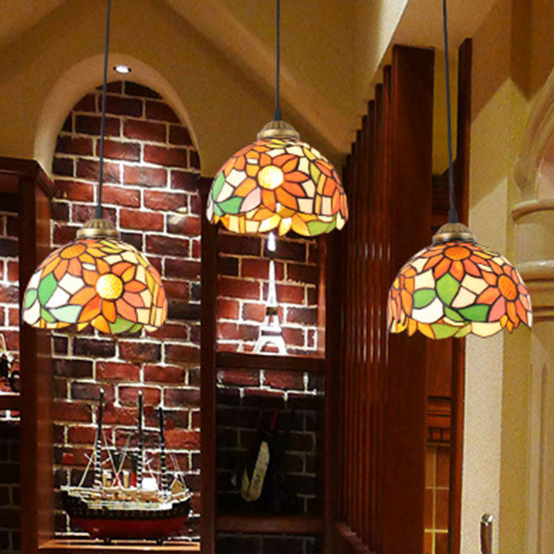 Traditional Tiffany Iron Glass Sunflower Chandelier - 3-Light Dining Fixture