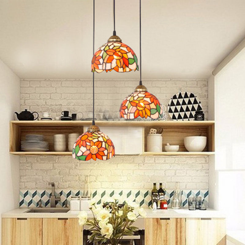 Traditional Tiffany Iron Glass Sunflower Chandelier - 3-Light Dining Fixture