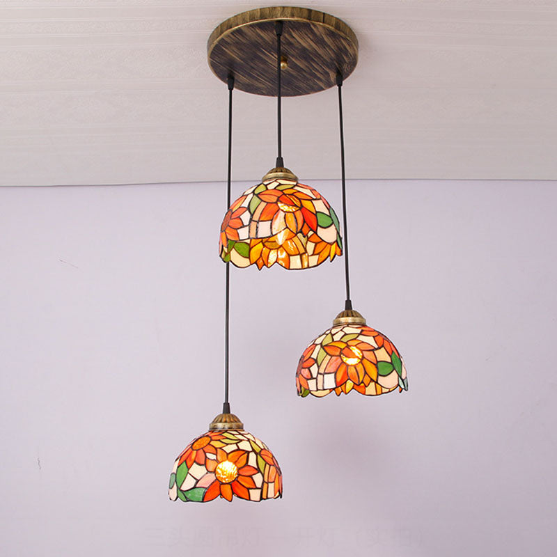 Traditional Tiffany Iron Glass Sunflower Chandelier - 3-Light Dining Fixture