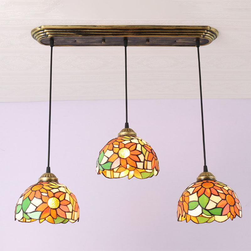 Traditional Tiffany Iron Glass Sunflower Chandelier - 3-Light Dining Fixture