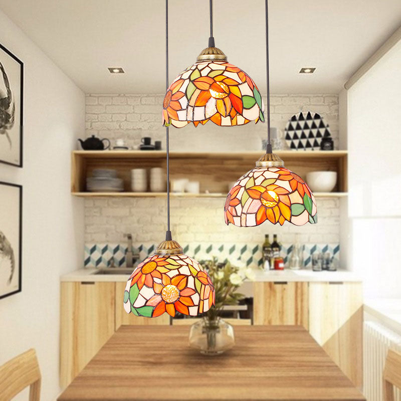 Traditional Tiffany Iron Glass Sunflower Chandelier - 3-Light Dining Fixture