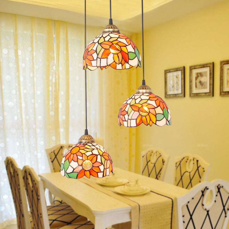 Traditional Tiffany Iron Glass Sunflower Chandelier - 3-Light Dining Fixture