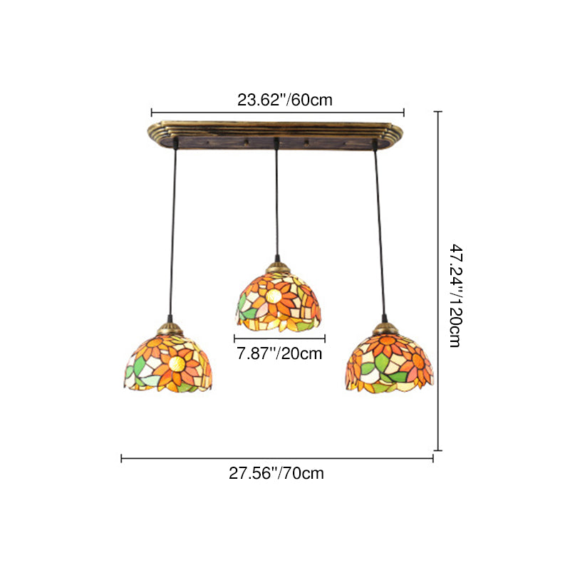 Traditional Tiffany Iron Glass Sunflower Chandelier - 3-Light Dining Fixture