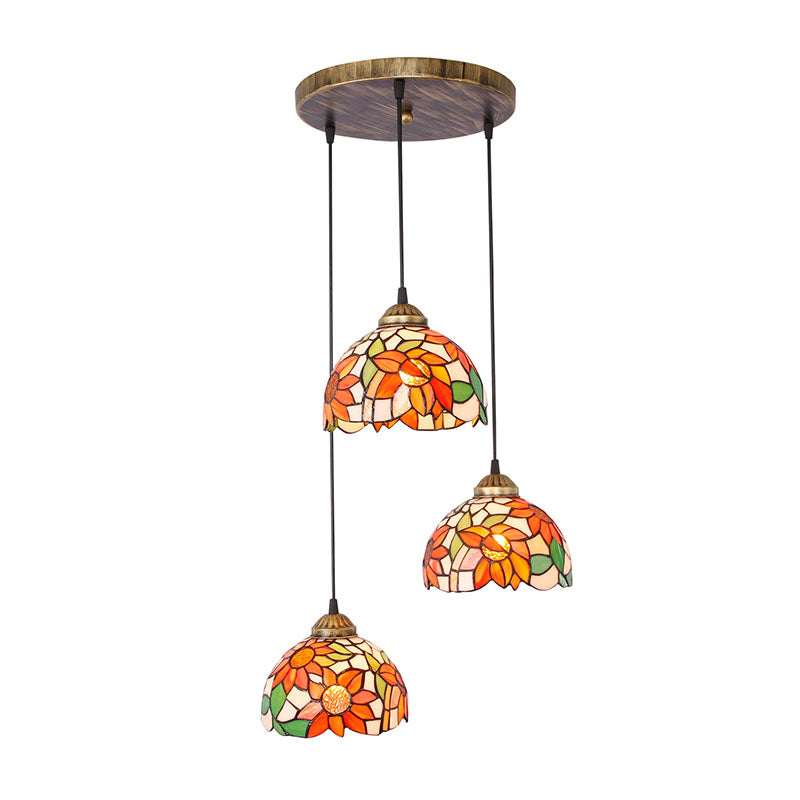 Traditional Tiffany Iron Glass Sunflower Chandelier - 3-Light Dining Fixture