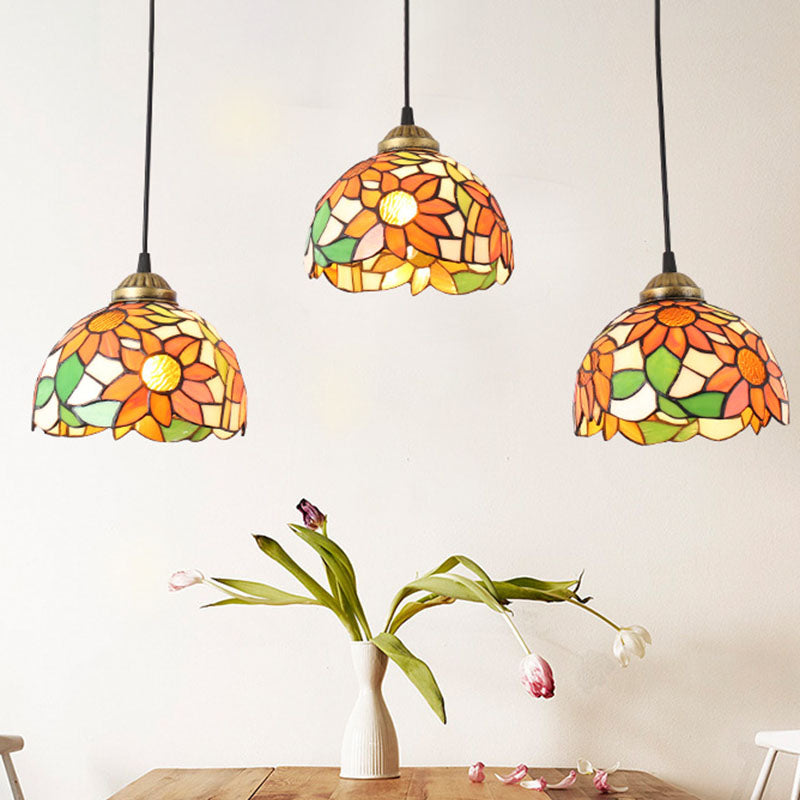 Traditional Tiffany Iron Glass Sunflower Chandelier - 3-Light Dining Fixture