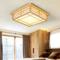 Traditional Japanese Square Lattice LED Ceiling Light in Parchment Pine Wood for Living Room