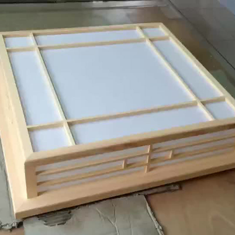 Traditional Japanese Square Lattice LED Ceiling Light in Parchment Pine Wood for Living Room